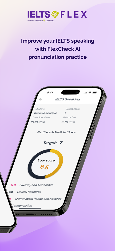 IELTS Flex - Pantalla de la aplicación móvil IELTS Flex que muestra una puntuación predicha por FlexCheck AI de 6.5 para práctica de expresión oral en comparación con una puntuación objetivo de 7