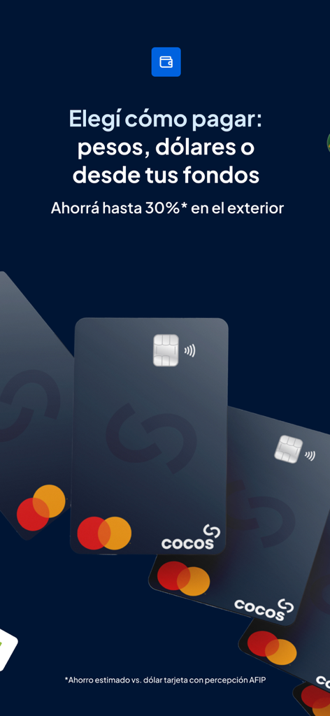 Cocos: Invertí, ahorrá y pagá. - Cocos app screen showing Mastercard debit cards and payment options in pesos or dollars