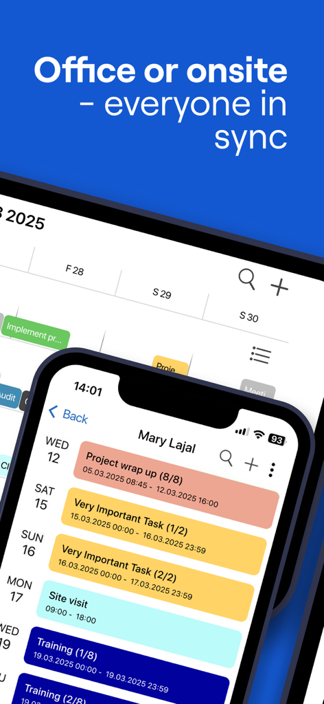 Ganttic Planner - Ganttic Plannerモバイルアプリのインターフェース。プロジェクト管理のための日次タスクアジェンダとリソーススケジュールを表示。