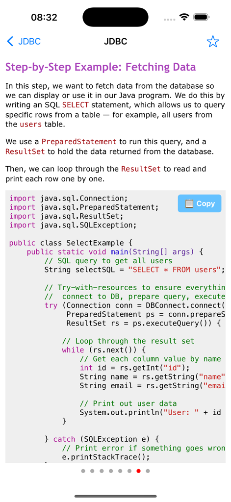 Learn Java Programming Pro - A screenshot from the Learn Java Programming Pro app showing a step-by-step tutorial on JDBC for fetching data with a Java code snippet.