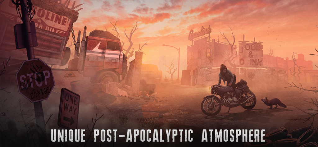 Live or Die: Zombie Survival - A survivor with a motorcycle and a fox in a dusty post-apocalyptic wasteland at sunset