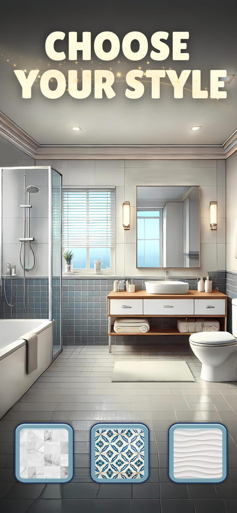 Real Estate Tycoon: Simulator - Un interior de baño moderno que muestra diferentes opciones de azulejos y el texto Elige tu estilo