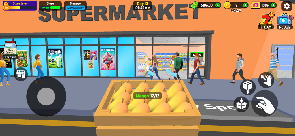 Supermarket Tycoon 3D gameplay showing a crate of mangoes in the foreground and customers entering a grocery store.