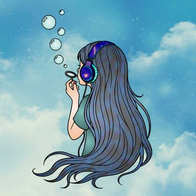 a girl with headphones blowing bubbles with long hair