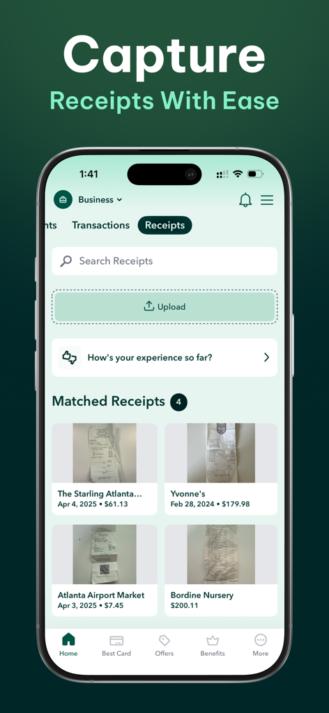 MaxRewards app interface for capturing and managing business receipts