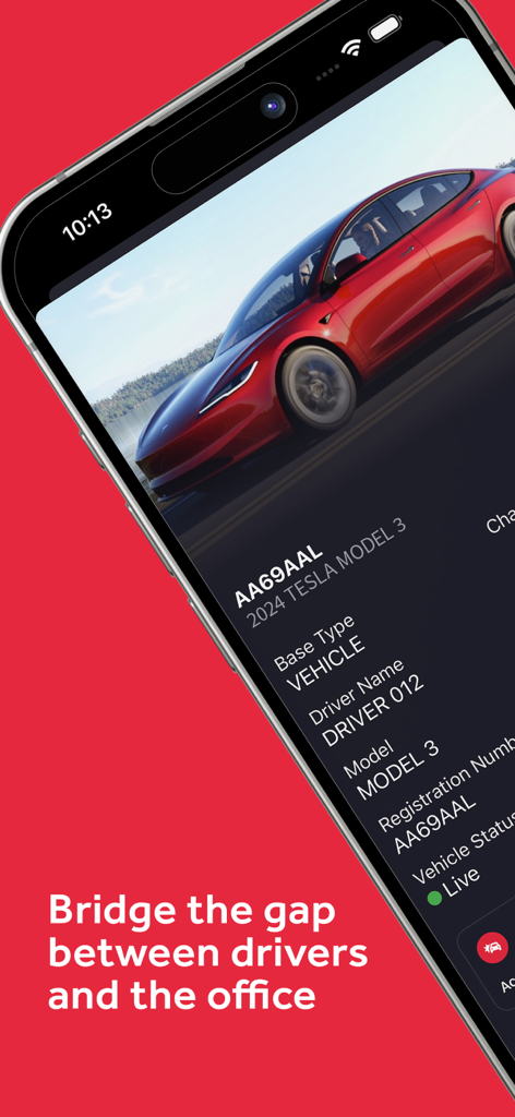 FleetWave Driver - FleetWave Driver app interface showing vehicle and driver information for a Tesla Model 3