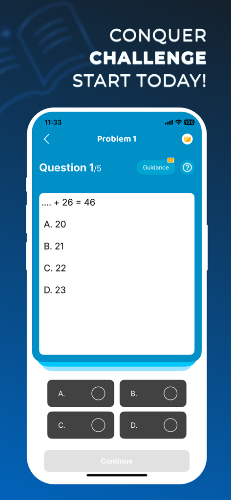 PowerMath Academy - A mobile interface of PowerMath Academy showing a multiple choice math quiz for basic addition