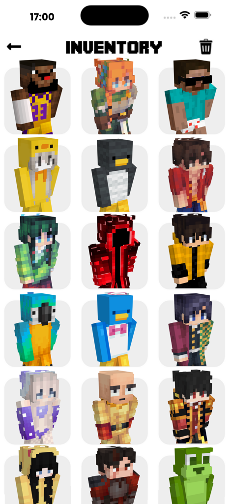 SkinCraft- Skins for Minecraft - Una colección de diversas skins de personajes de Minecraft mostradas en el inventario de la app SkinCraft.