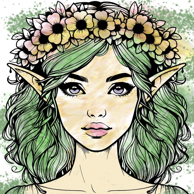 realistic female elf with flower crown
