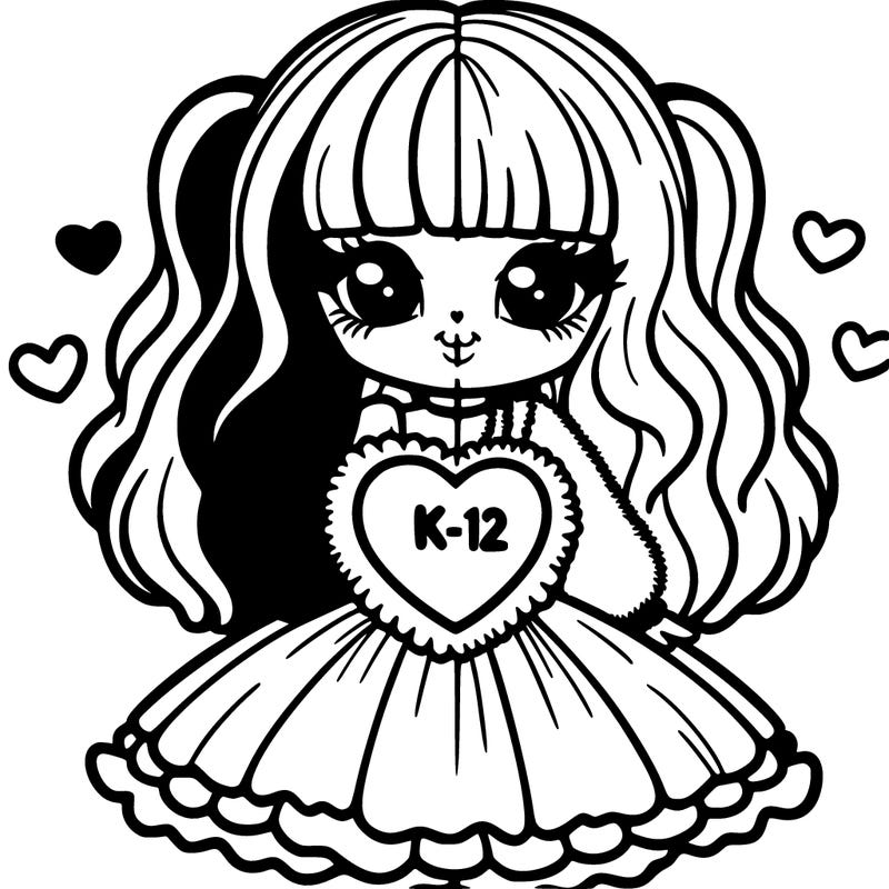 a split hair dyed girl with a puffy dress that has a heart that says k-12 on it
