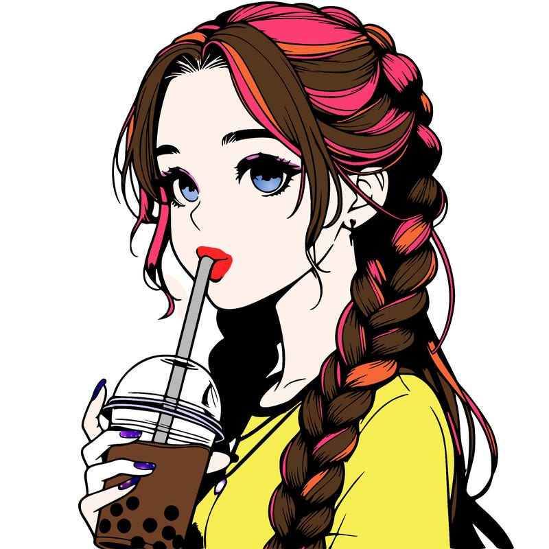 realistic girl with braided hair drinking boba