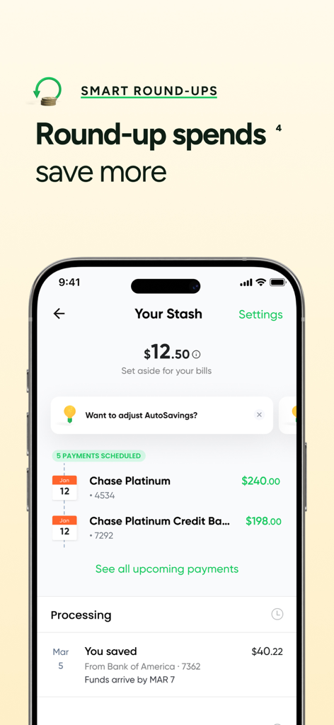 Interface of Bright app showing smart roundups and savings stash