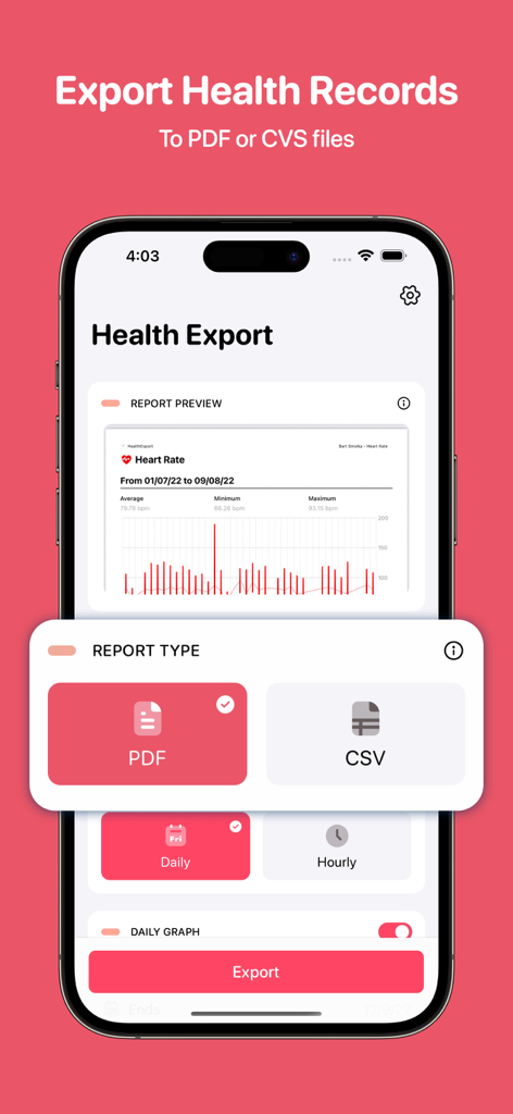 A smartphone screen showing the Health App Data Export Tool interface with options to export health records as PDF or CSV files