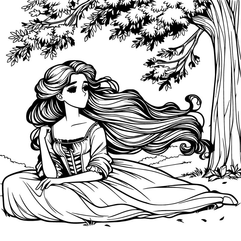 realistic regency girl sitting under a tree with hair flowing in the wind