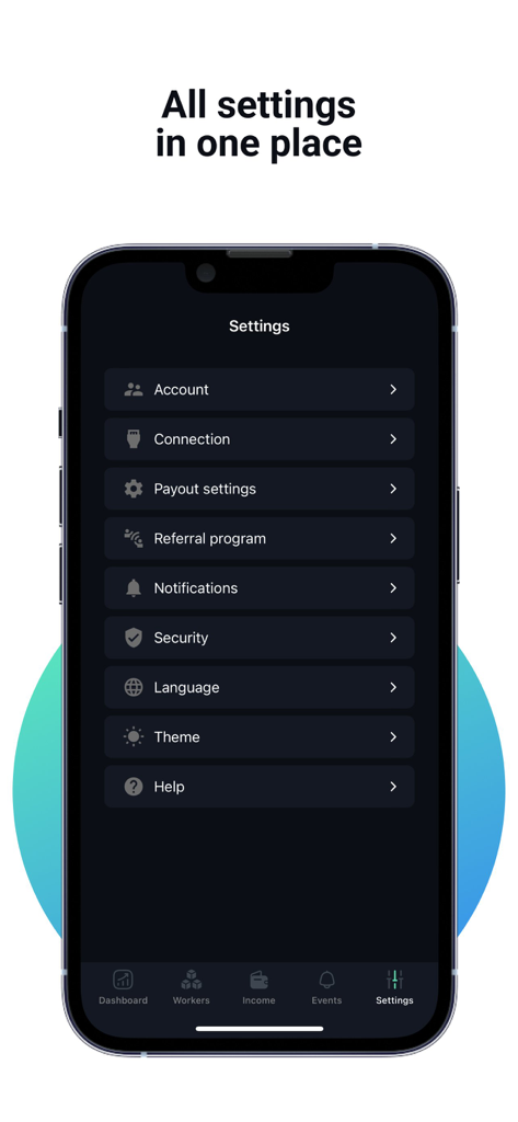 Trustpool: Crypto Mining Pool - Einstellungen Menü der Trustpool Krypto-Mining-Pool App mit Optionen für Kontosicherheit und Auszahlungen