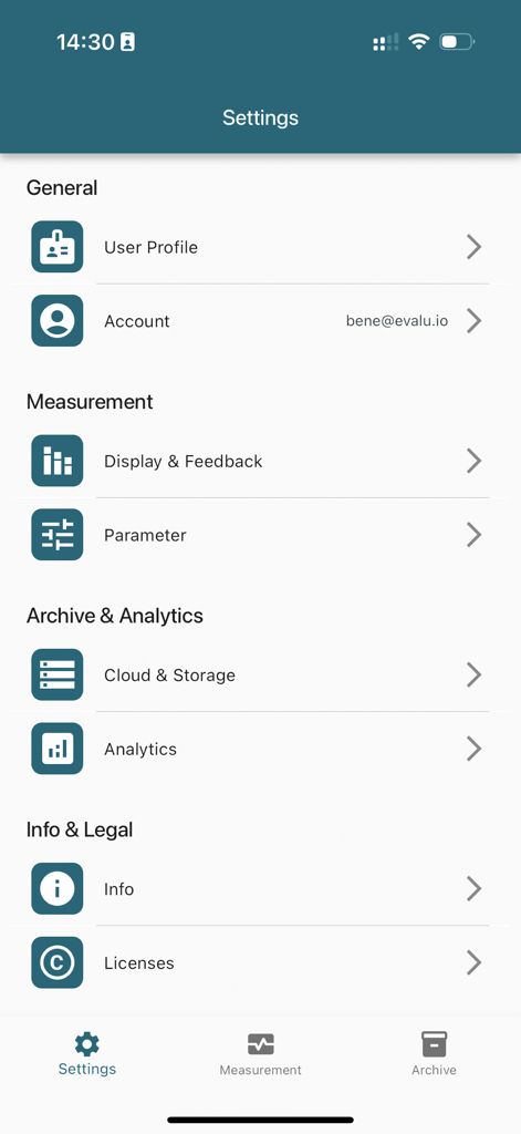 loadapp - Settings interface of the loadapp mobile application showing measurement and analytics options