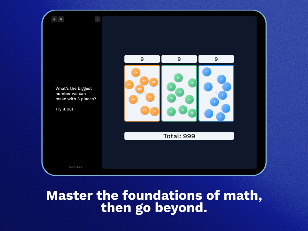 Synthesis Math Tutor - Interfaz de la aplicación Synthesis Math Tutor que muestra una lección interactiva de valor posicional con manipulables digitales en la pantalla de una tableta