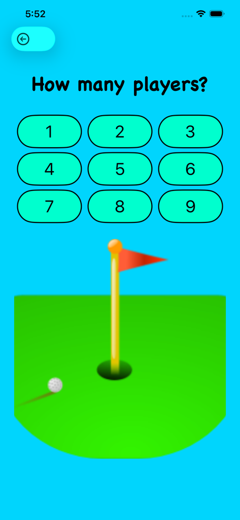 Mini-Golf Score Card - Mini-Golf Score Card app screen asking how many players with buttons from one to nine and a golf green illustration