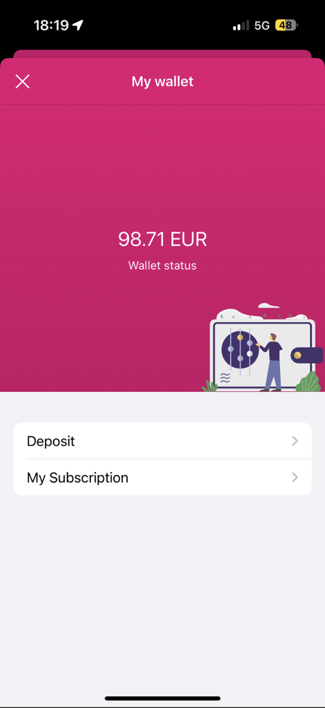 espoTs - ユーロでの現在の残高と入金およびサブスクリプションオプションを表示するespoTsアプリのウォレット画面