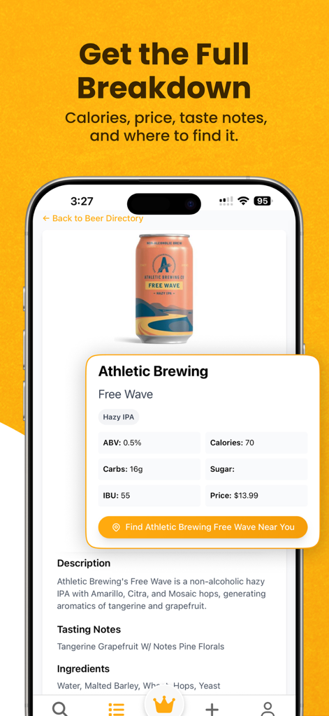 NA Beer Finder - Detailed product page for Athletic Brewing Free Wave showing calories nutrition facts and tasting notes on the NA Beer Finder app