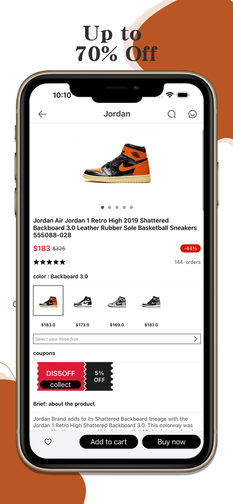 Sneaker Onlineアプリの製品ページに、割引価格とクーポン付きのAir Jordan 1 Retro Highスニーカーが表示されている。