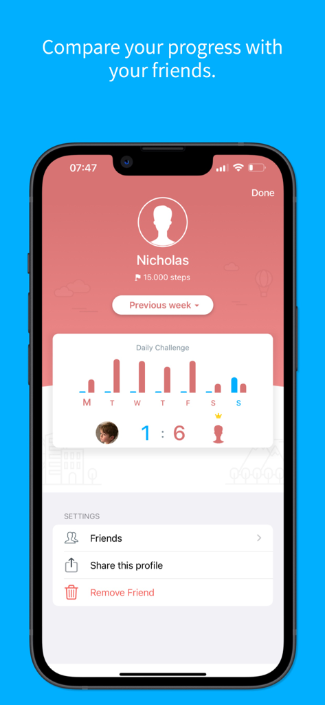 Social Steps - Social Steps app profile showing a daily challenge progress chart and friend comparison