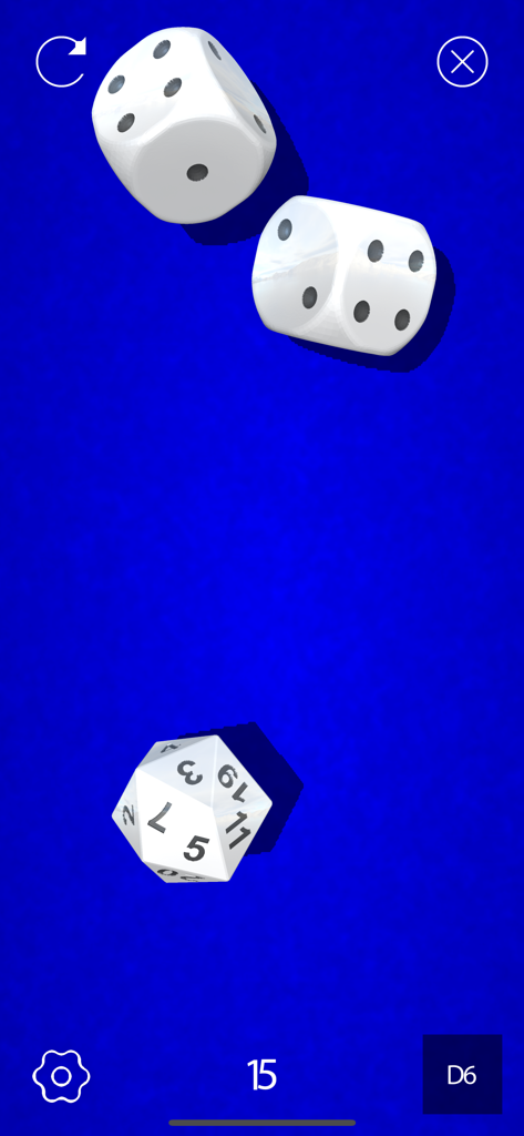 Nice Dice Roller 3D - 3D dice roller simulator with white D6 and D20 dice on a blue background showing a sum of 15