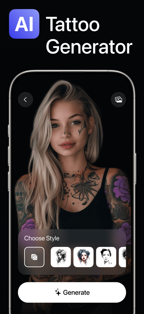 AIタトゥージェネレーターアプリの画面には、さまざまなデジタルタトゥーデザインとスタイル選択オプションを持つ女性が表示されています