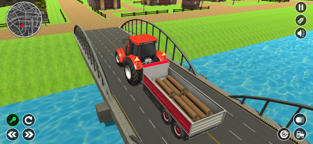 Tractor Driving Farming Game - Un tractor rojo tirando de un remolque cargado con troncos de madera sobre un puente en un juego de simulación de agricultura en 3D