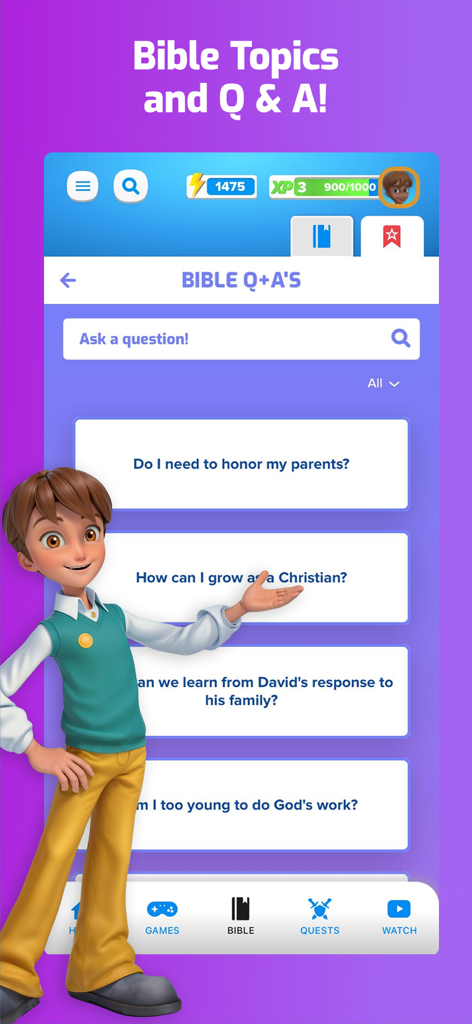 Superbook Kids Bible app showing the Bible Questions and Answers section for children