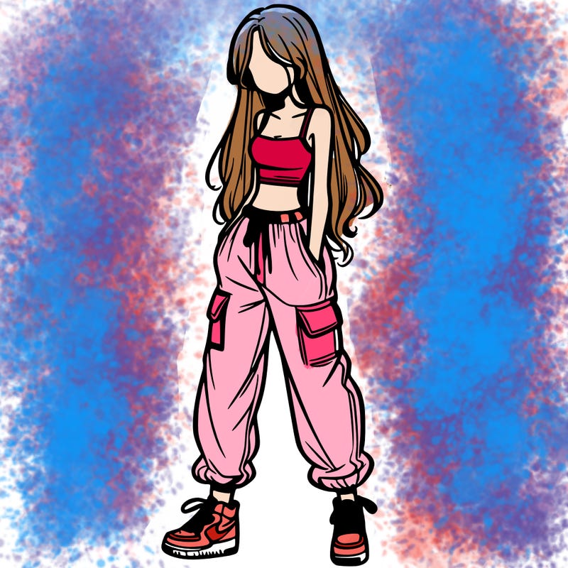 girl in baggy pants crop top and long hair