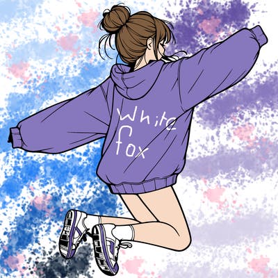 realistic girl jumping with a bun and oversized sweatshirt