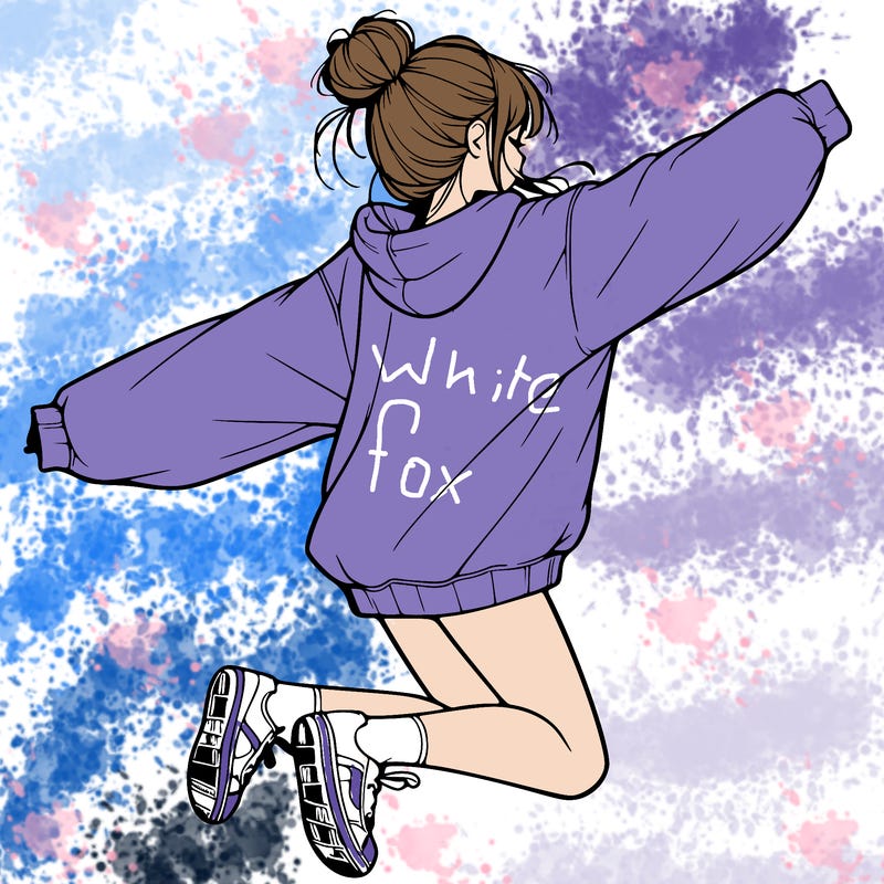 realistic girl jumping with a bun and oversized sweatshirt