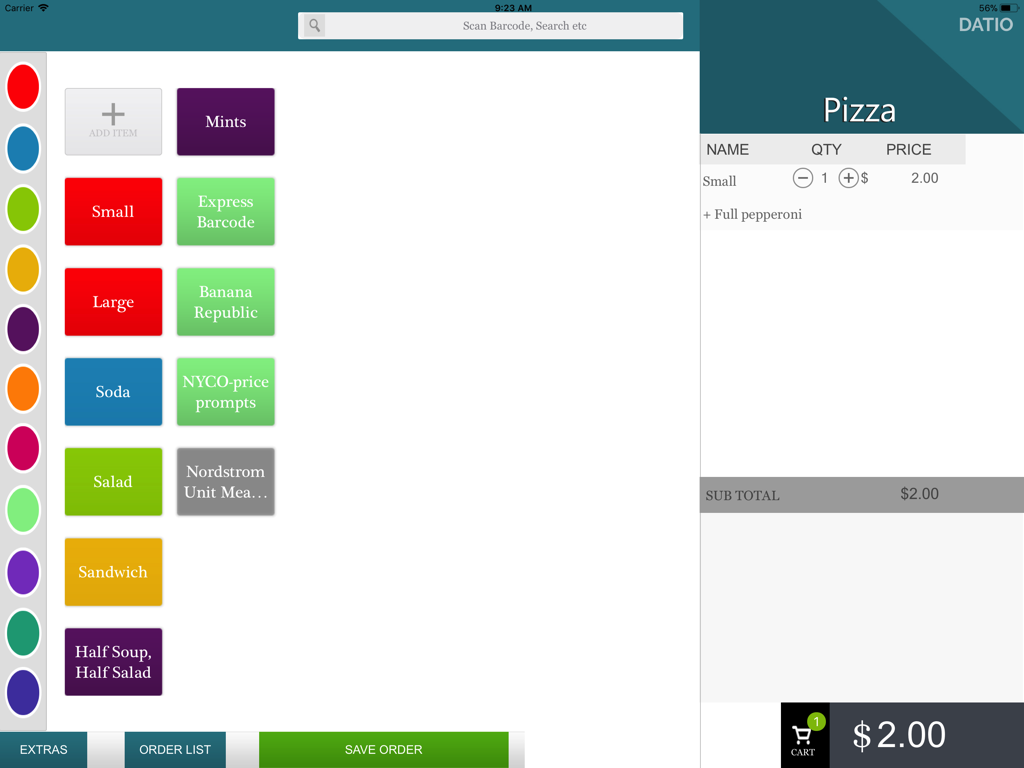 Datio Point Of Sale Restaurant - Datio POS Restaurant order screen with menu buttons and cart summary