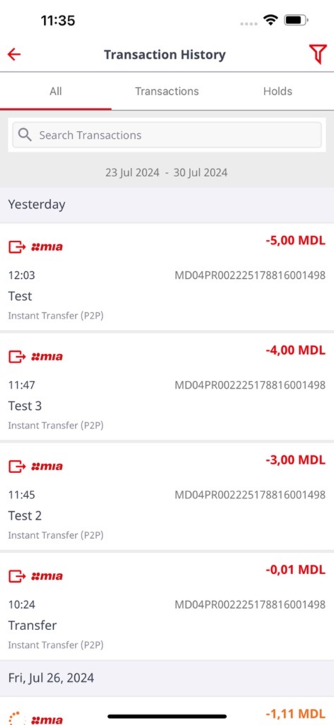 ProCredit Moldova mobile app transaction history screen showing recent instant P2P transfers in MDL