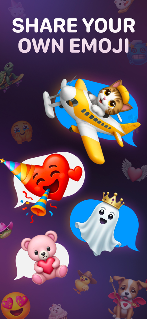 A collection of custom mixed emojis including a cat in a plane and a ghost with a crown shown in message bubbles.