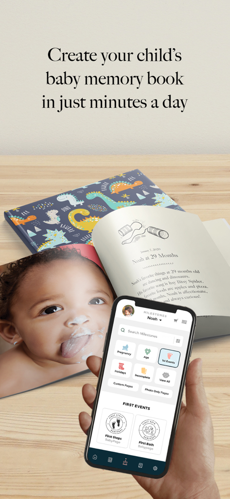 BabyPage: Baby Book & Journal - Smartphone mostrando la aplicación BabyPage junto a un libro de recuerdos de bebé impreso abierto