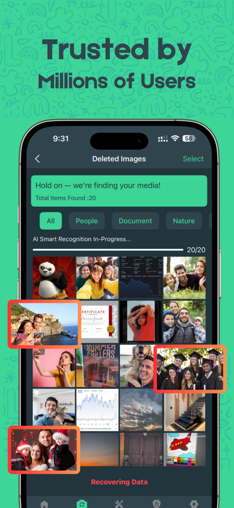 Interface of the Photo Recovery app showing a scan in progress with thumbnails of restored family and travel photos on an iPhone screen.