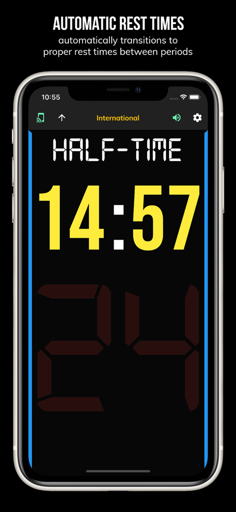 BT Basketball Shotclock - BT Basketball Shotclock app interface displaying an automatic half-time rest timer with fourteen minutes remaining