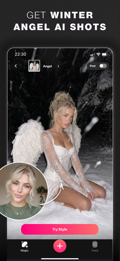 Interfaz de la aplicación móvil Glam AI mostrando la selfie de una mujer transformada en una sesión de fotos profesional de ángel de invierno con alas blancas y nieve