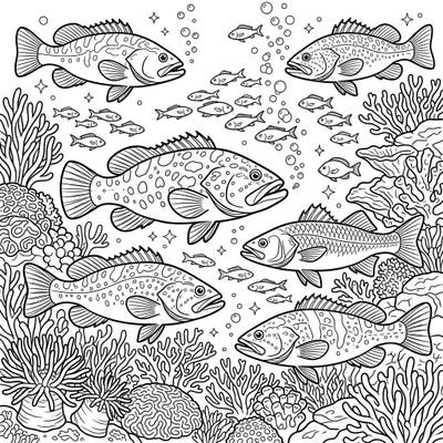 Explore the wonders of the ocean with this detailed coloring page featuring majestic Groupers and Sea Bass. This intricate underwater scene invites colorists of all ages to bring marine life to vibrant life.