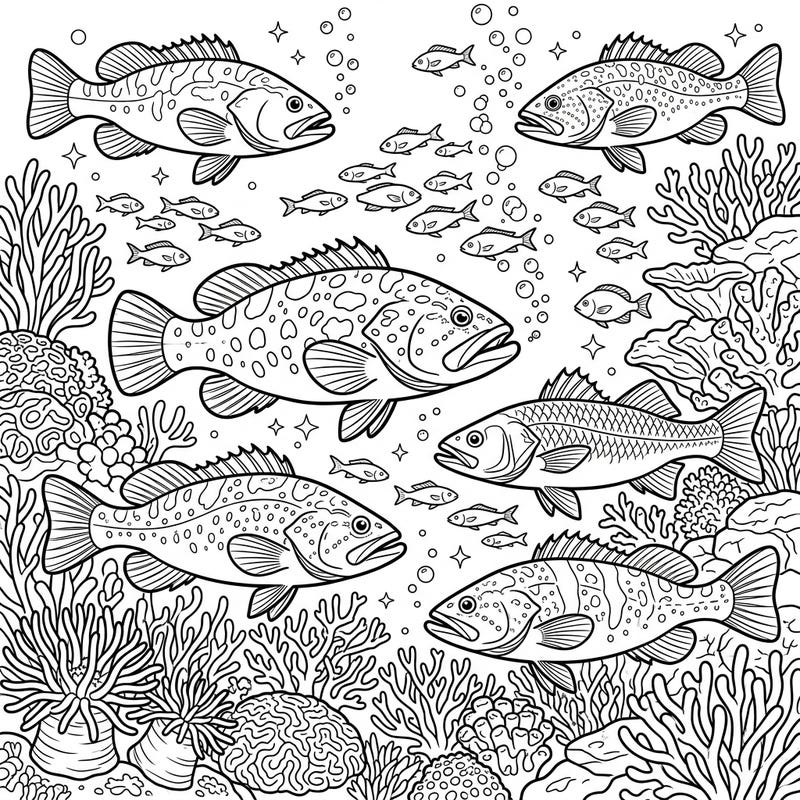 Explore the wonders of the ocean with this detailed coloring page featuring majestic Groupers and Sea Bass. This intricate underwater scene invites colorists of all ages to bring marine life to vibrant life.
