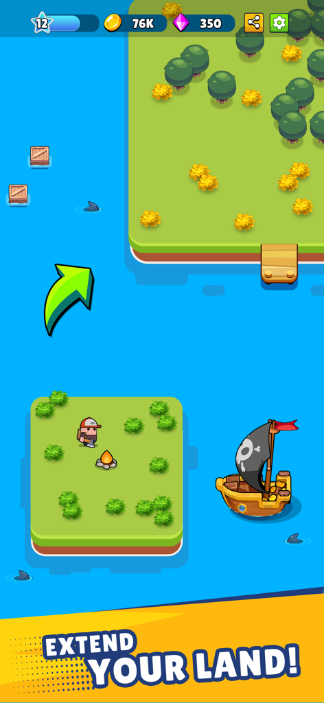 Pocket Land gameplay showing character on a small island with a pirate ship and a prompt to extend your land