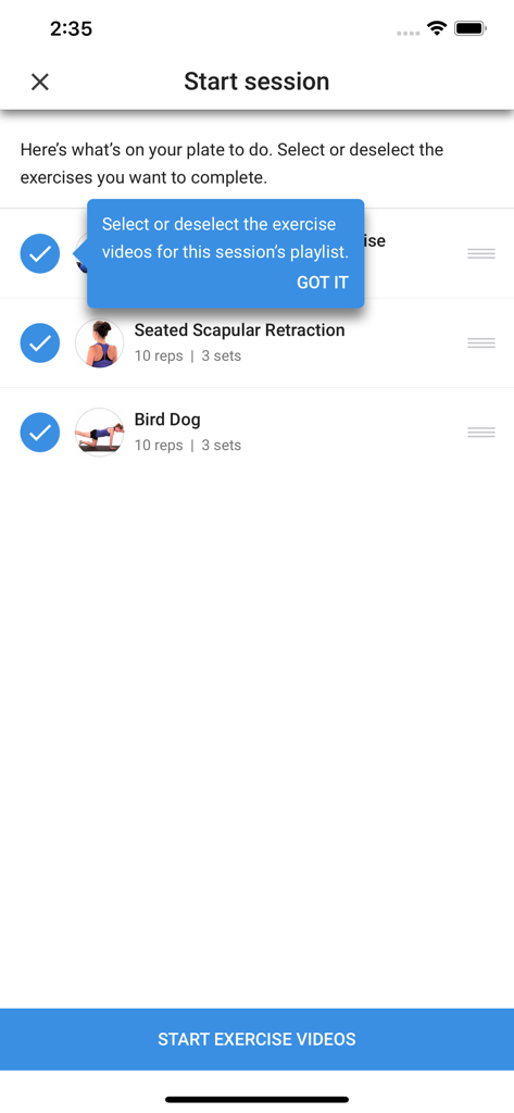 Medbridge GO app showing a list of prescribed exercises like Bird Dog to select for a physical therapy session.