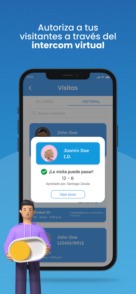 Mobile app interface showing a virtual intercom notification for visitor authorization and building access management