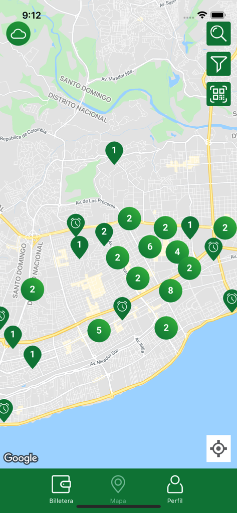 Evergo app map showing electric vehicle charging station locations in Santo Domingo