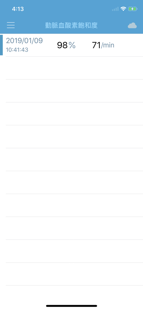 Interfaz de la aplicación Checkmee Advance que muestra una lista de resultados de mediciones de saturación de oxígeno SpO2 y frecuencia de pulso.