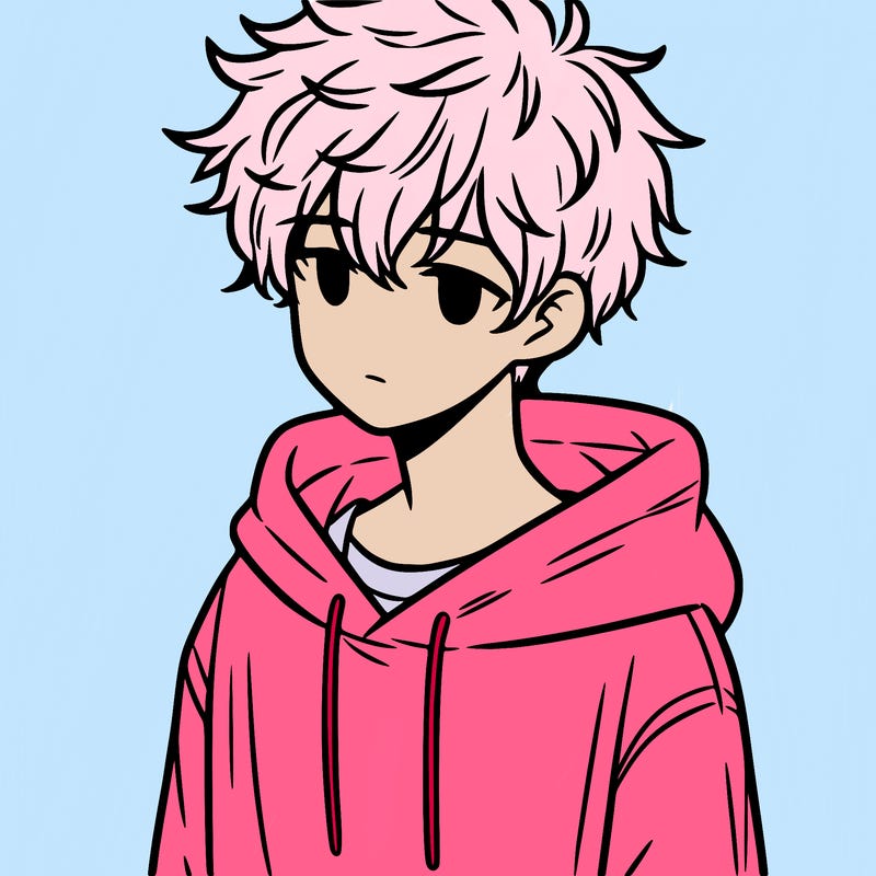 a teenage boy with messy and fluffy hair and a oversized hoodie on