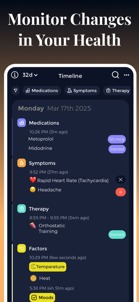 POTS Tracker - Tachycardia - Interfaccia dell'app che mostra una cronologia sanitaria cronologica con registri dei farmaci, sintomi come la tachicardia e sessioni di terapia.