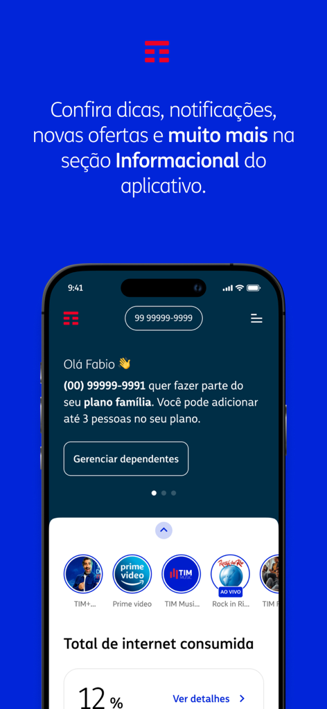 Interfaz de la app Meu TIM mostrando gestión de planes familiares y estado de consumo de datos